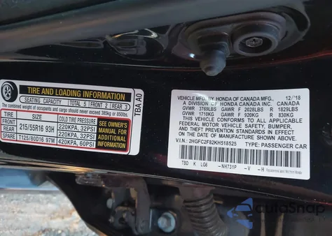 2019 Honda Civic Sport из США, поврежденный, VIN 2HGFC2F82KH518525